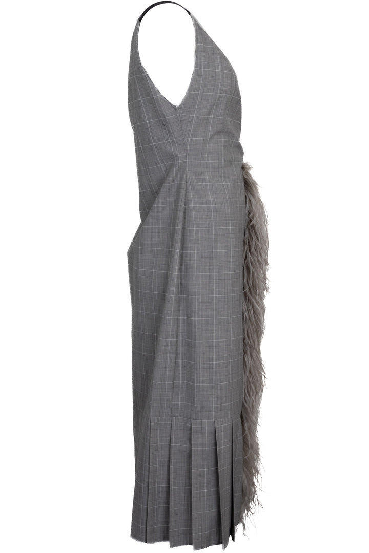 PRADA 2019 Checked Feather Wrap Dress Wool Grey