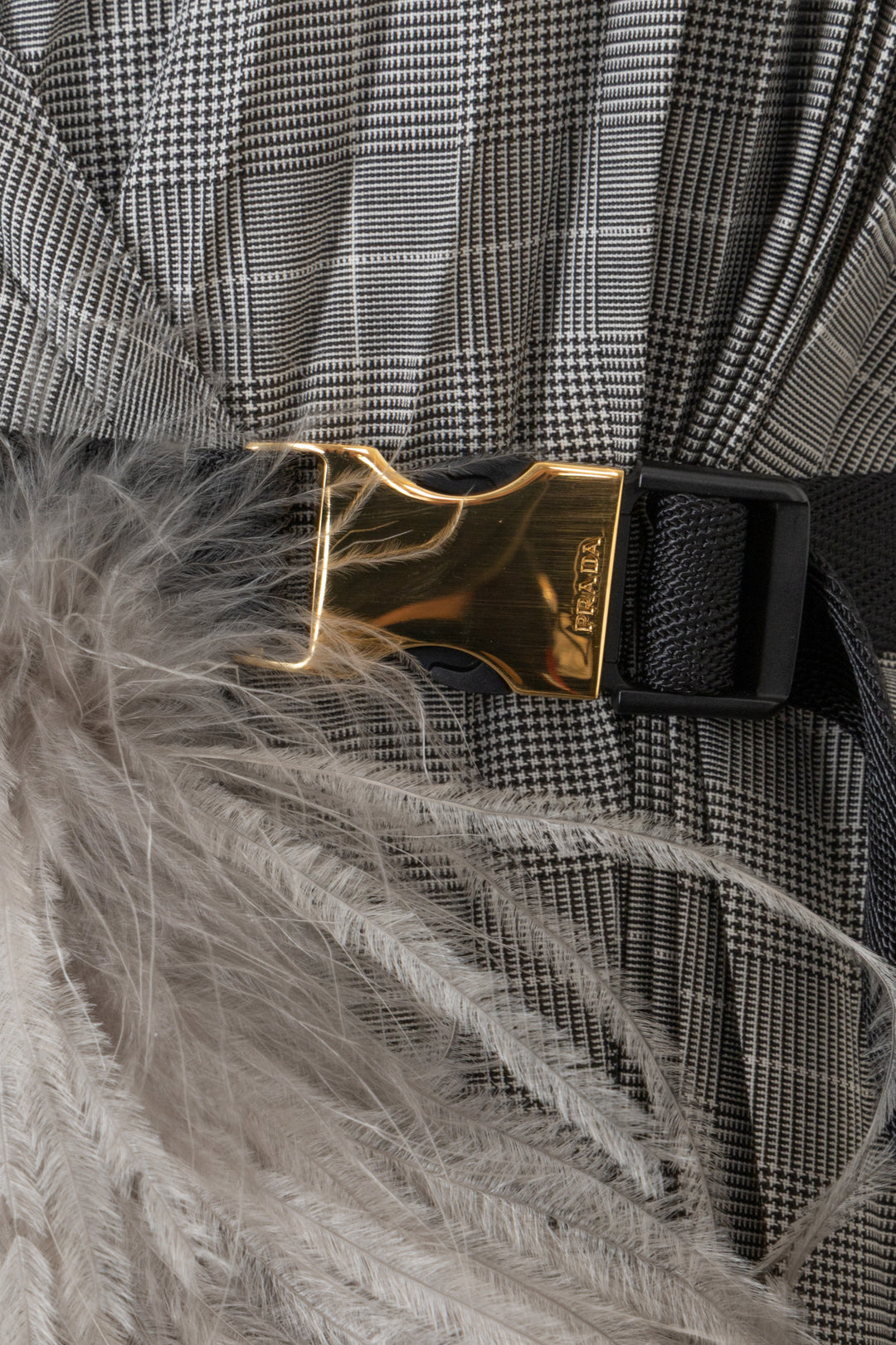 PRADA 2019 Checked Feather Wrap Dress Wool Grey