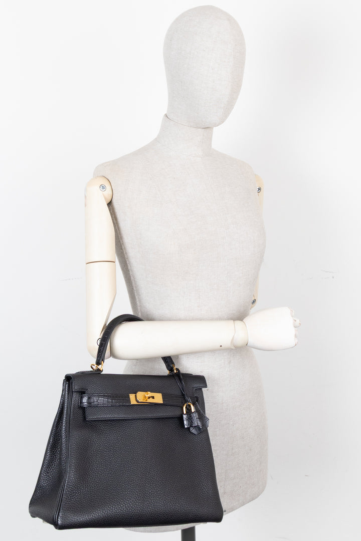 HERMÈS Kelly 28 Touch Togo Crocodile Porosus Mat Noir