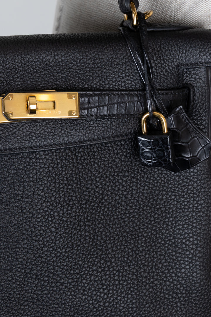 HERMÈS Kelly 28 Touch Togo Crocodile Porosus Mat Noir