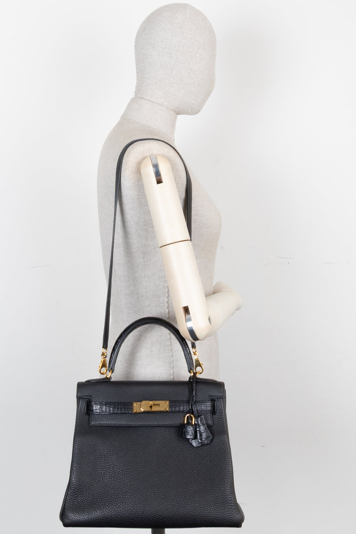 HERMÈS Kelly 28 Touch Togo Crocodile Porosus Mat Noir