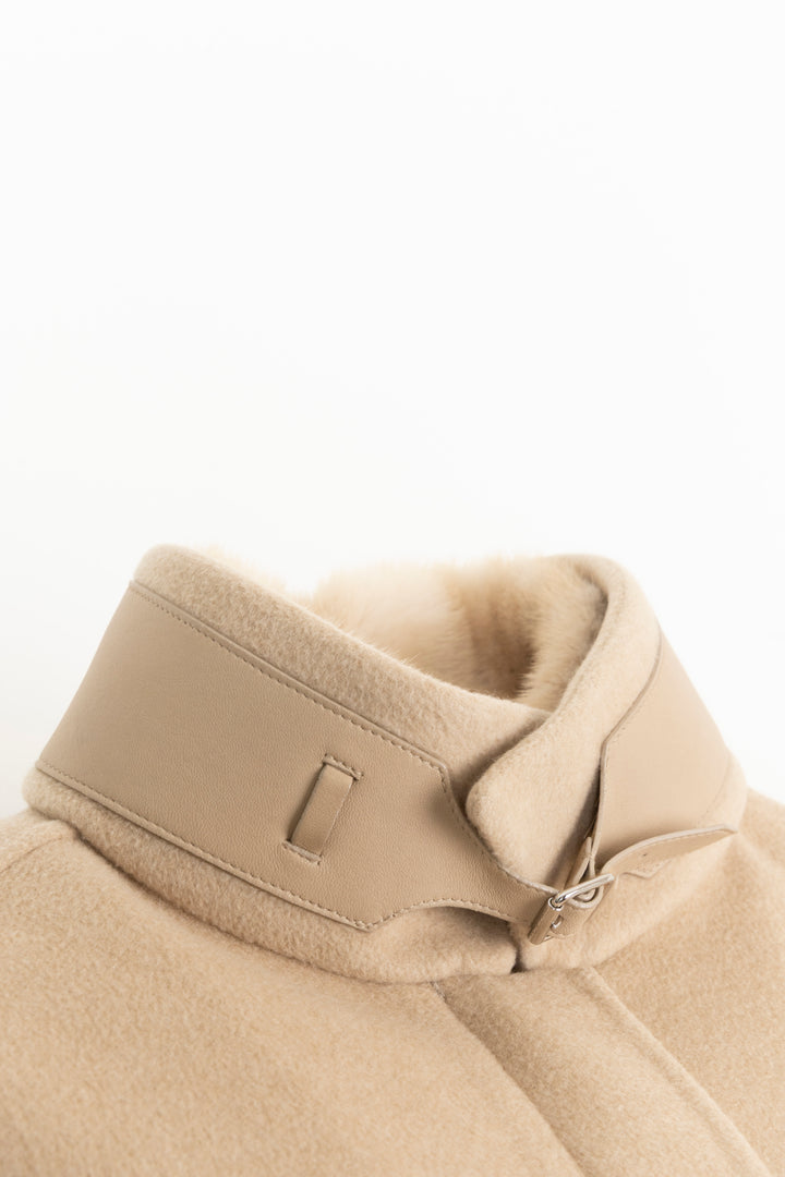 LORO PIANA Leather Mink Zip Coat Beige