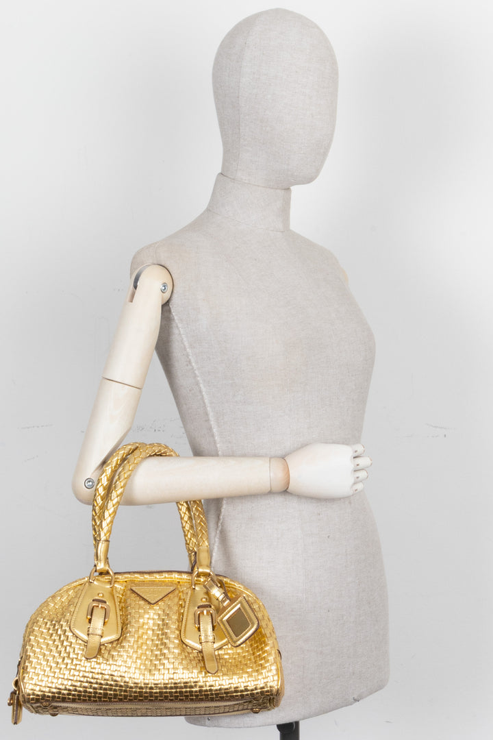 PRADA Madras Intreccio Bag Metallic Gold