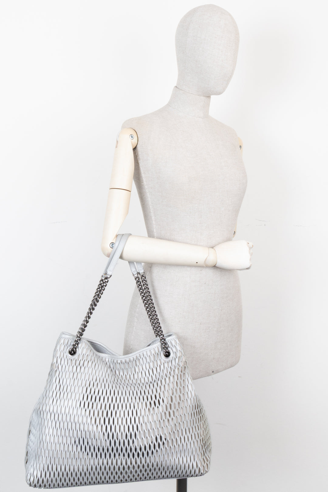 CHANEL Laser Cut Perforated CC Tote Bag Silver