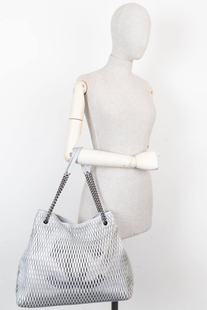CHANEL Laser Cut Perforated CC Tote Bag Silver