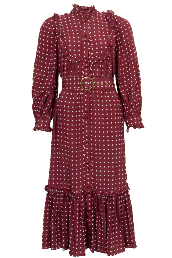 ZIMMERMANN Robe patineuse ceinturée bordeaux à pois blancs