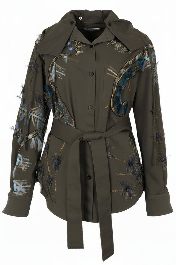 VALENTINO Embroidered Hooded Belted Denim Jacket Olive Green