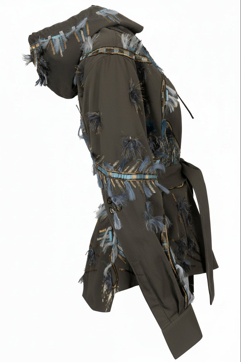 VALENTINO Embroidered Hooded Belted Denim Jacket Olive Green