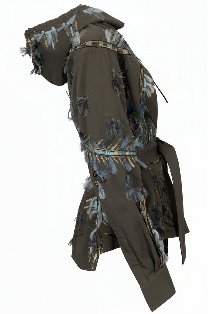 VALENTINO Embroidered Hooded Belted Denim Jacket Olive Green