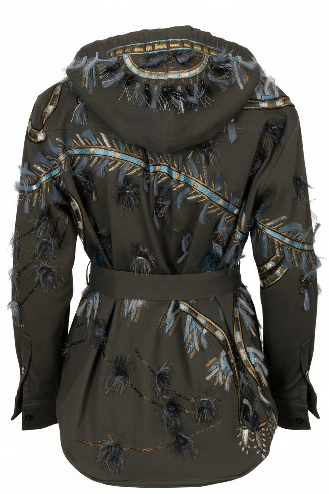 VALENTINO Embroidered Hooded Belted Denim Jacket Olive Green