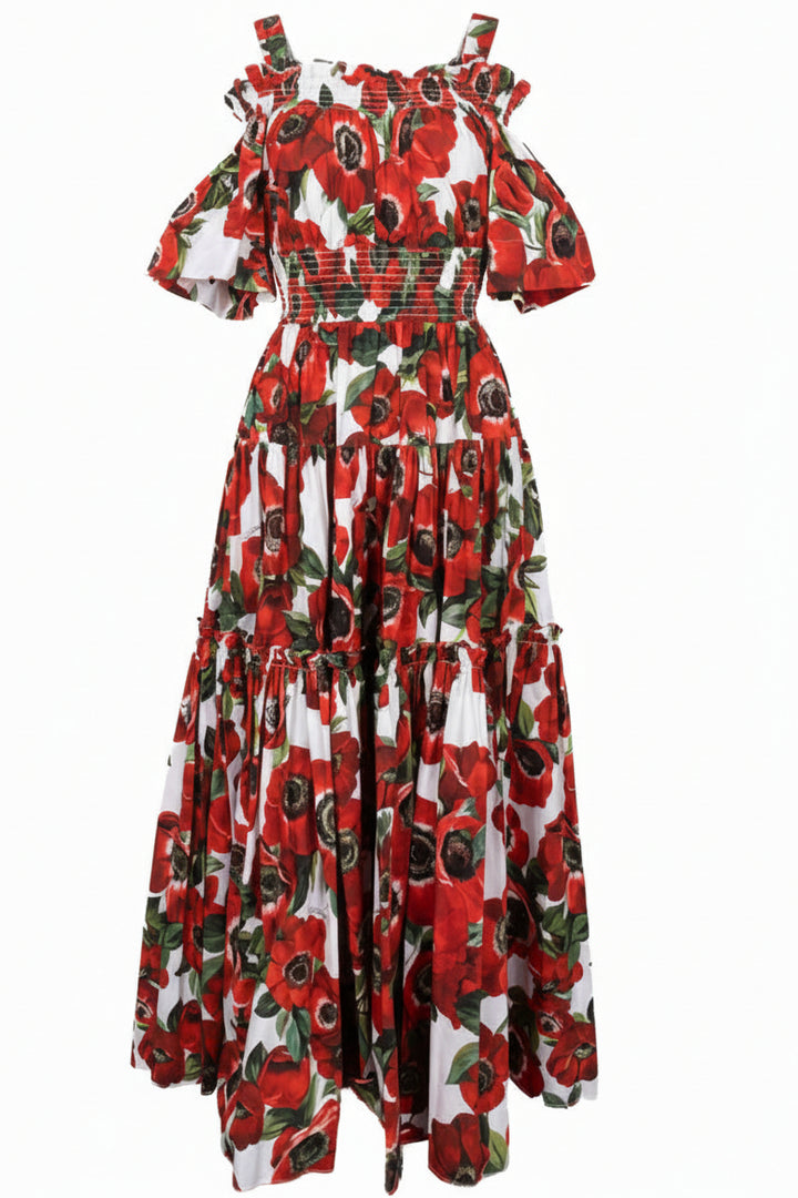 DOLCE&GABBANA Papavero Maxi Dress Cotton Red