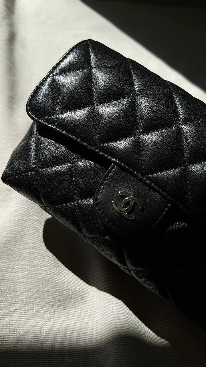 CHANEL Cosmetic Pouch Leather Black