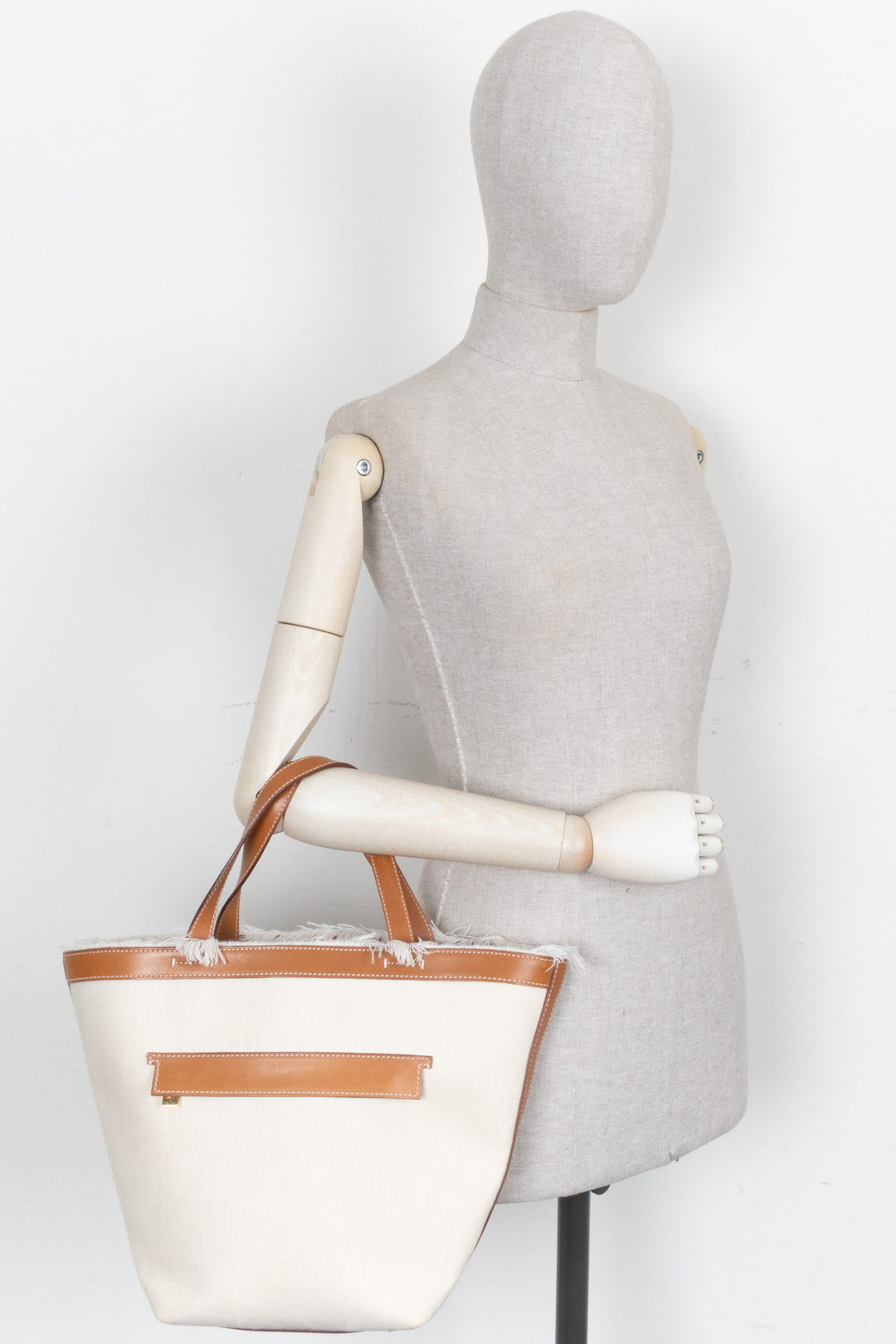 LORO PIANA Tote Bag Fringe Detail Leather Canvas Beige