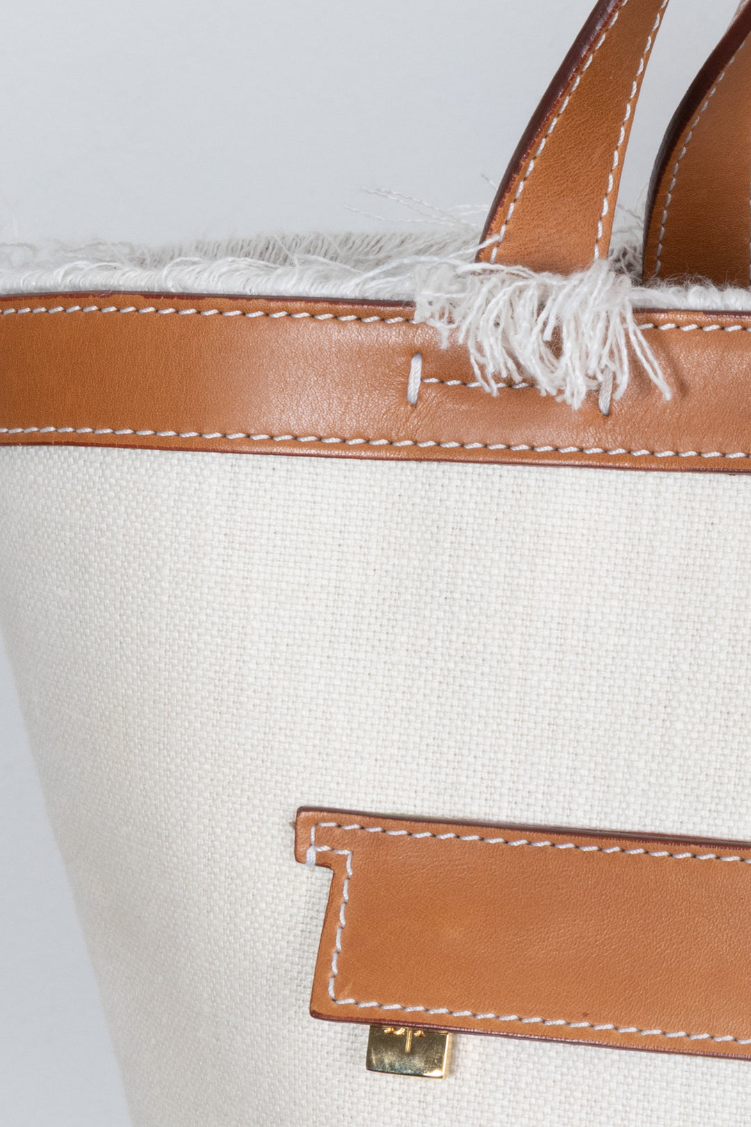 LORO PIANA Tote Bag Fringe Detail Leather Canvas Beige