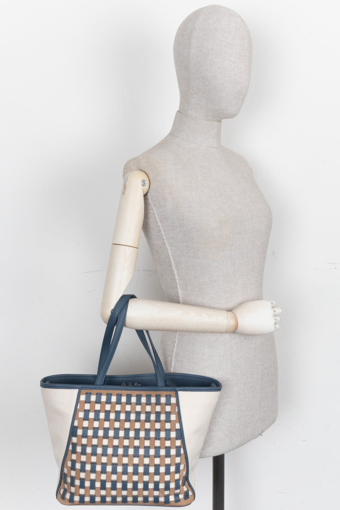 LORO PIANA Tote Bag Leather Detail Canvas Blue Ecru