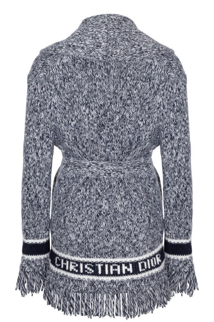 CHRISTIAN DIOR Belted Knit Cardigan Wool Blue Ivory