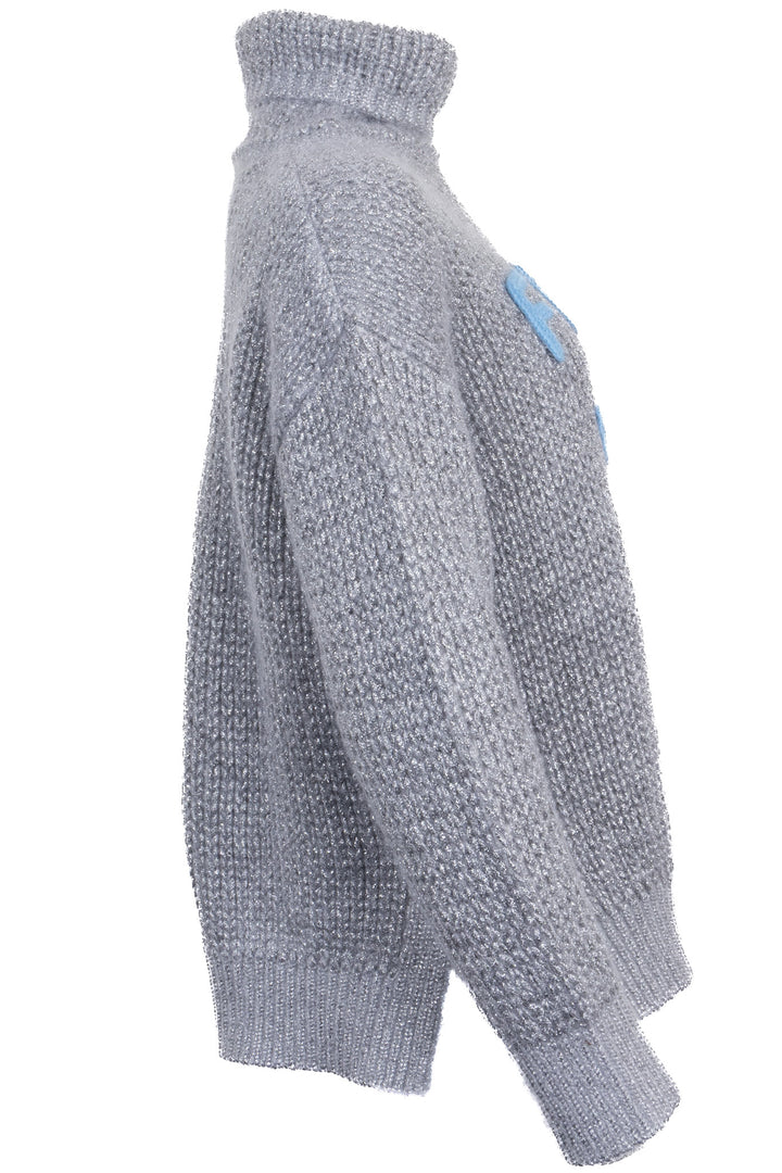 FENDI Logo Lurex Turtleneck Knit Cashmere Silver