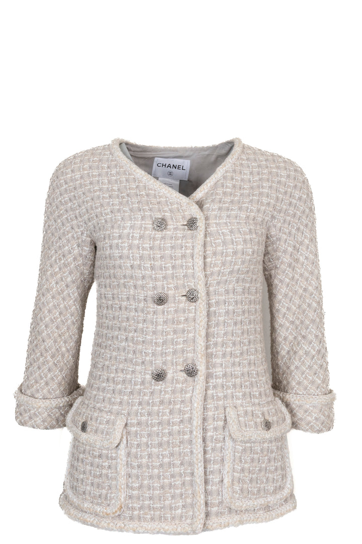 CHANEL Double Breasted Jacket Tweed Beige Grey