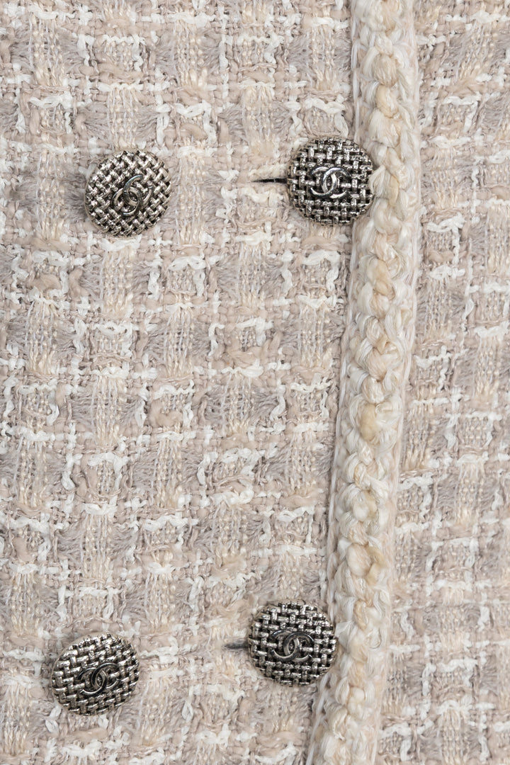 CHANEL Double Breasted Jacket Tweed Beige Grey
