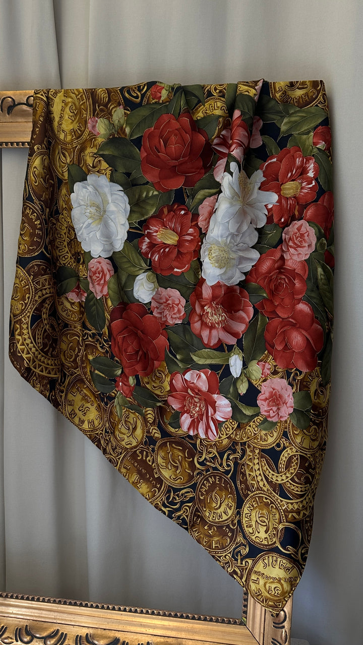CHANEL Coin Scarf Silk Gold Black