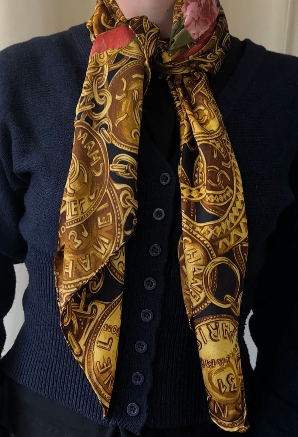 CHANEL Coin Scarf Silk Gold Black