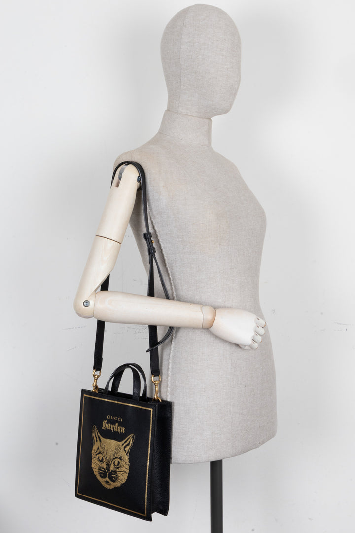 GUCCI Garden Cabas Chat Petit Format en Cuir Noir