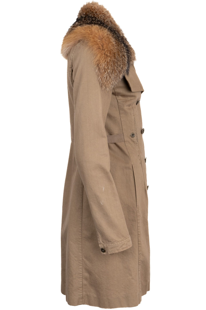 MIU MIU Vintage Runway Trench Coat with Fur Detail in Camel Cotton