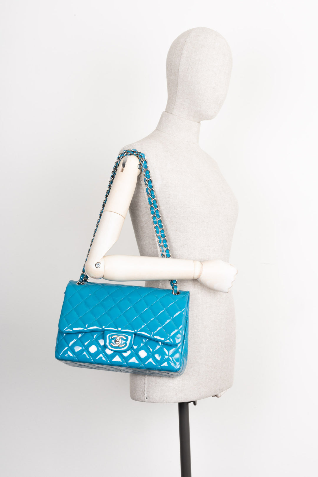 CHANEL Double Flap Bag Large Patent Leather Bright Blue