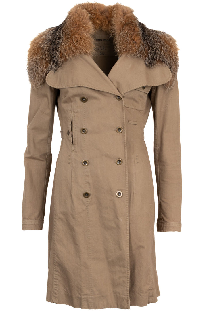 MIU MIU Vintage Runway Trench Coat with Fur Detail in Camel Cotton