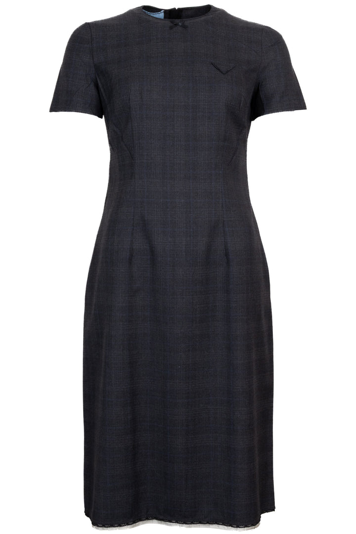 Robe PRADA 2025 courte à carreaux avec nœud, laine, gris anthracite