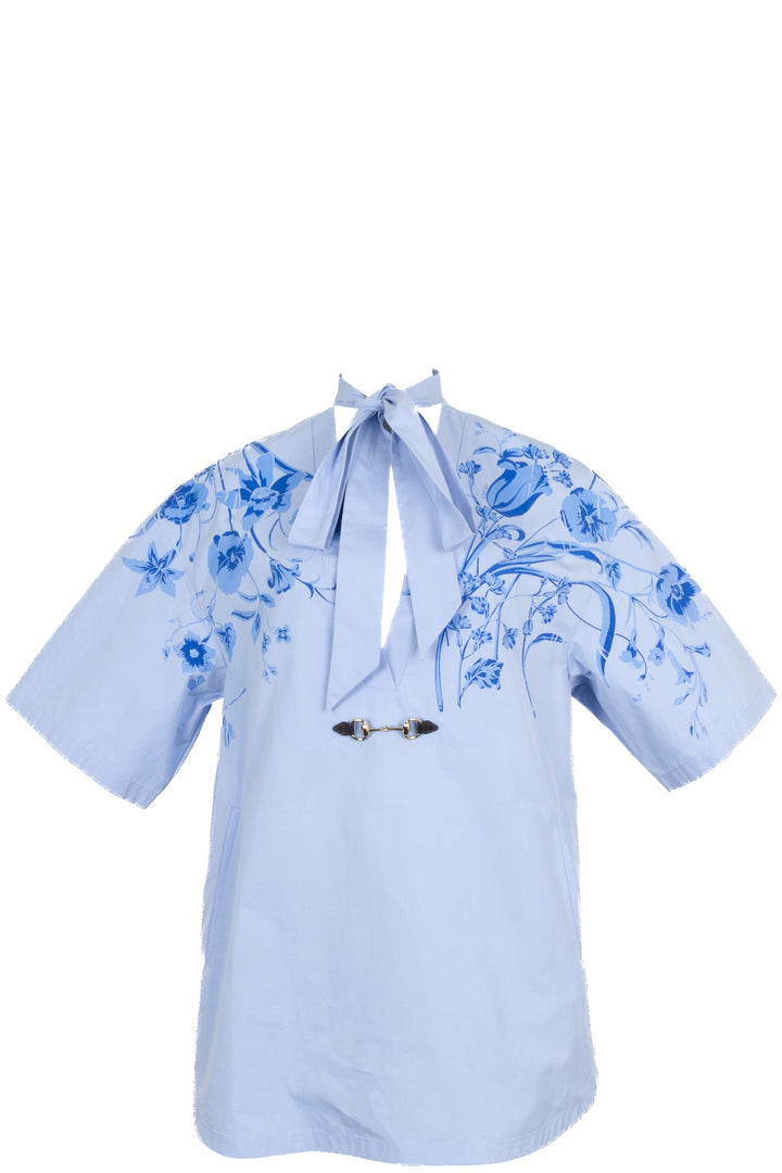GUCCI Horsebit Floral Pussy Bow Blouse Cotton Blue