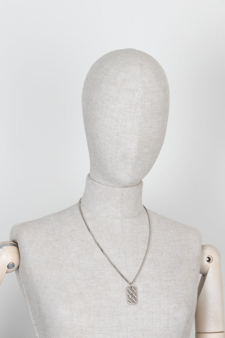 CHANEL 2009 Quilted Dog Tag CC Necklace Silver