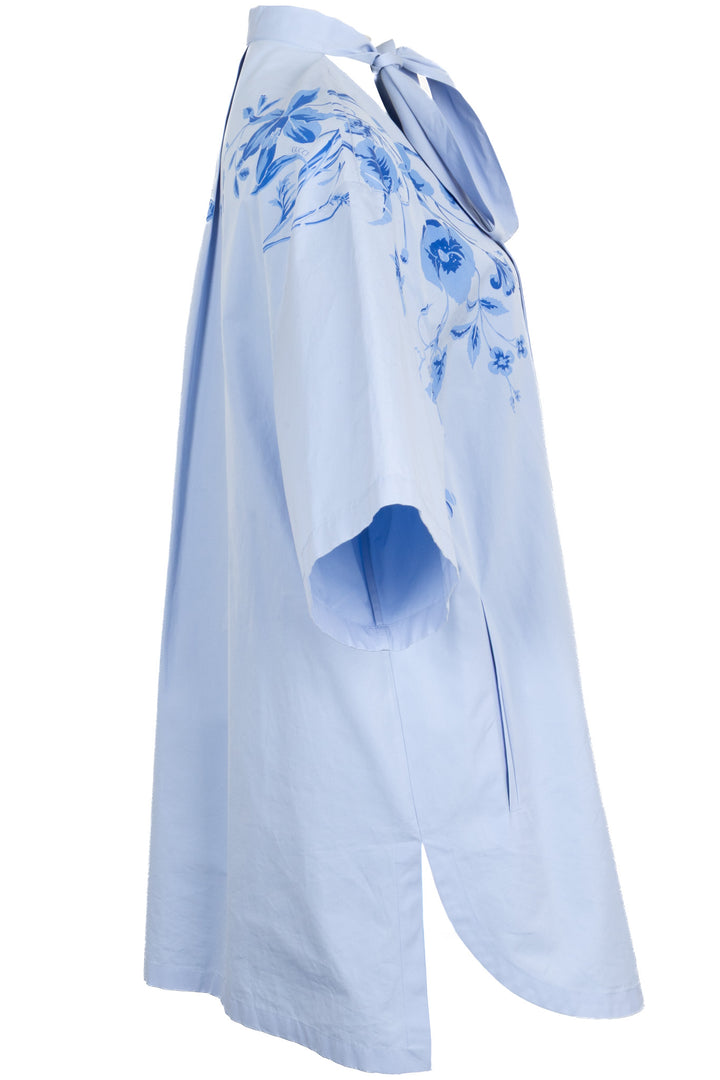 GUCCI Horsebit Floral Pussy Bow Blouse Cotton Blue