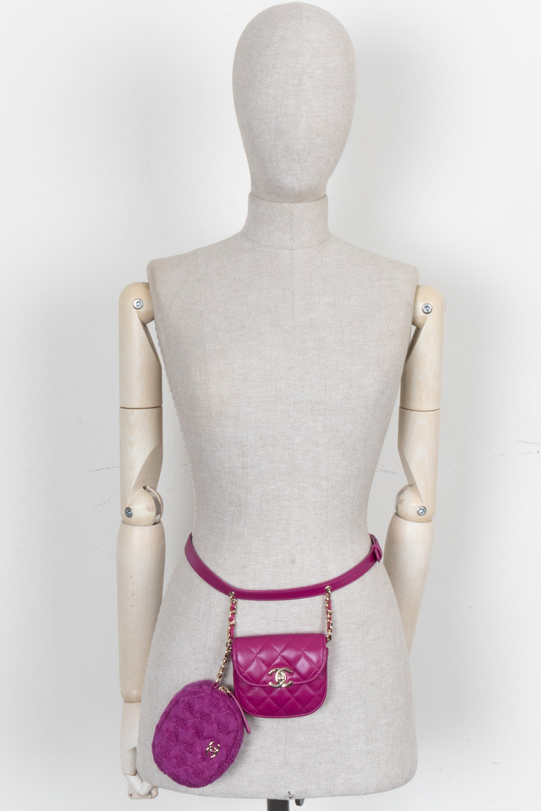 CHANEL Double Waist Bags Belt Tweed Leather Pink