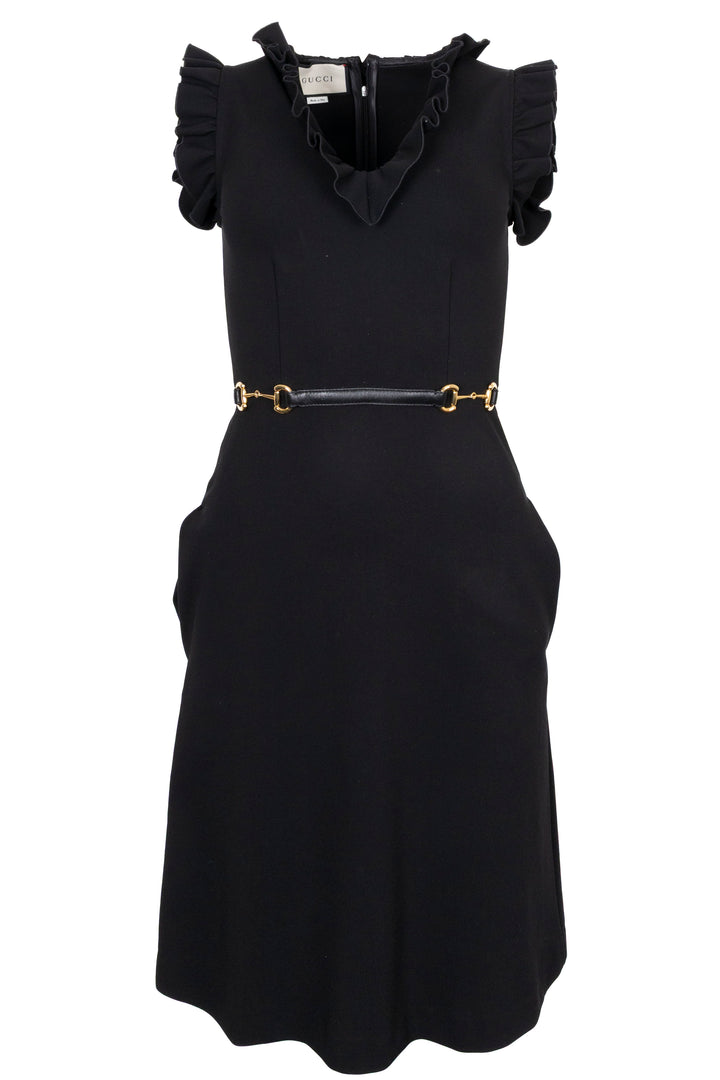 GUCCI Ruched Collar Horsebit Dress Black