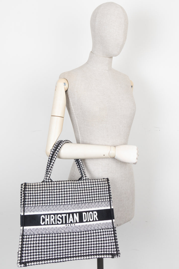 CHRISTIAN DIOR Medium Houndstooth Book Tote Black White