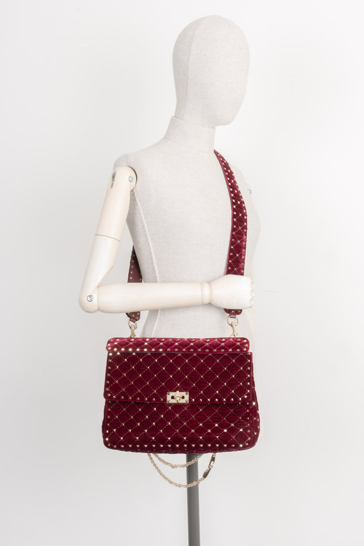 VALENTINO Spike Rockstud Top Handle Bag Velvet Red