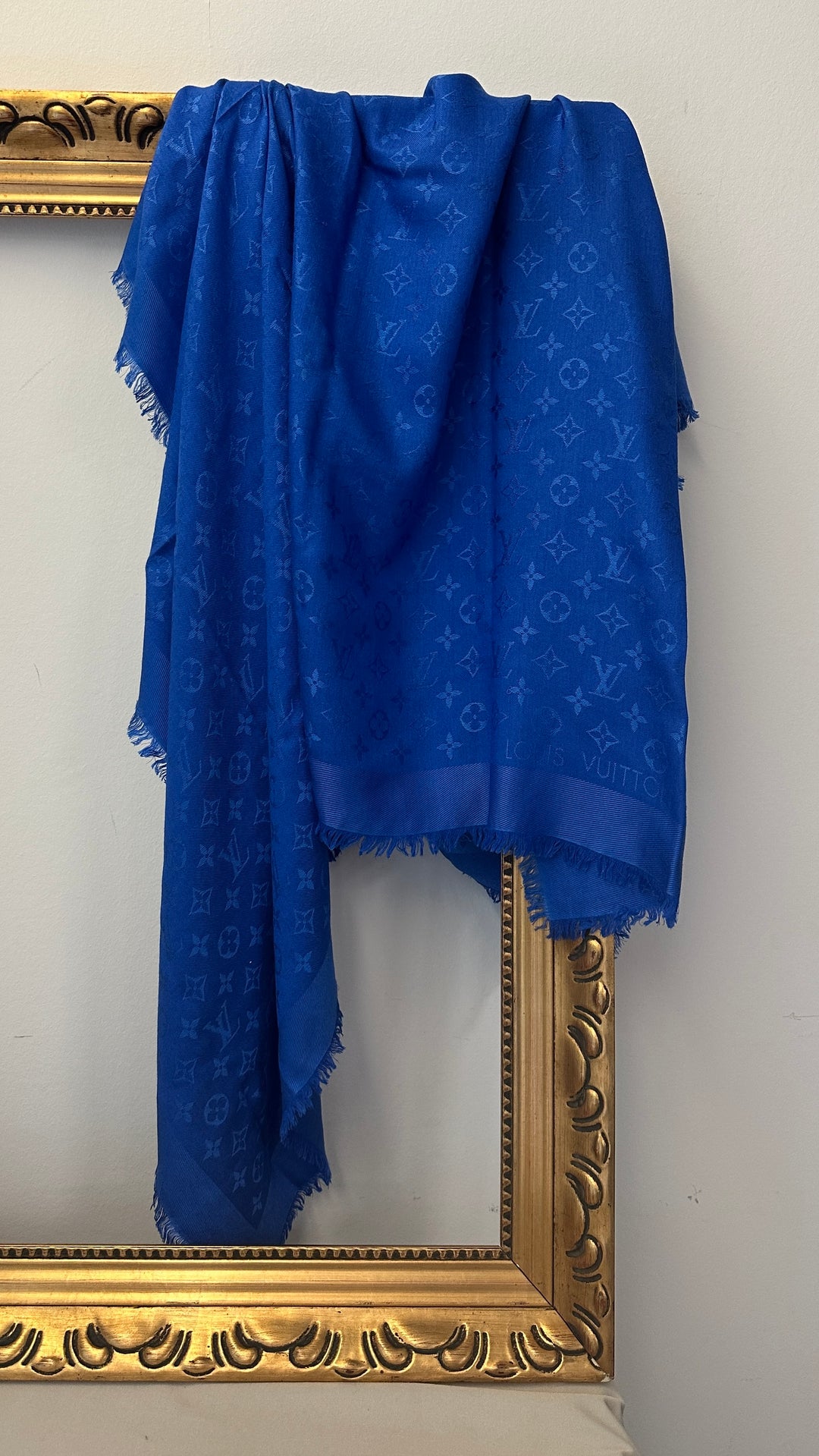 LOUIS VUITTON Monogram Fringed Scarf Electric Blue