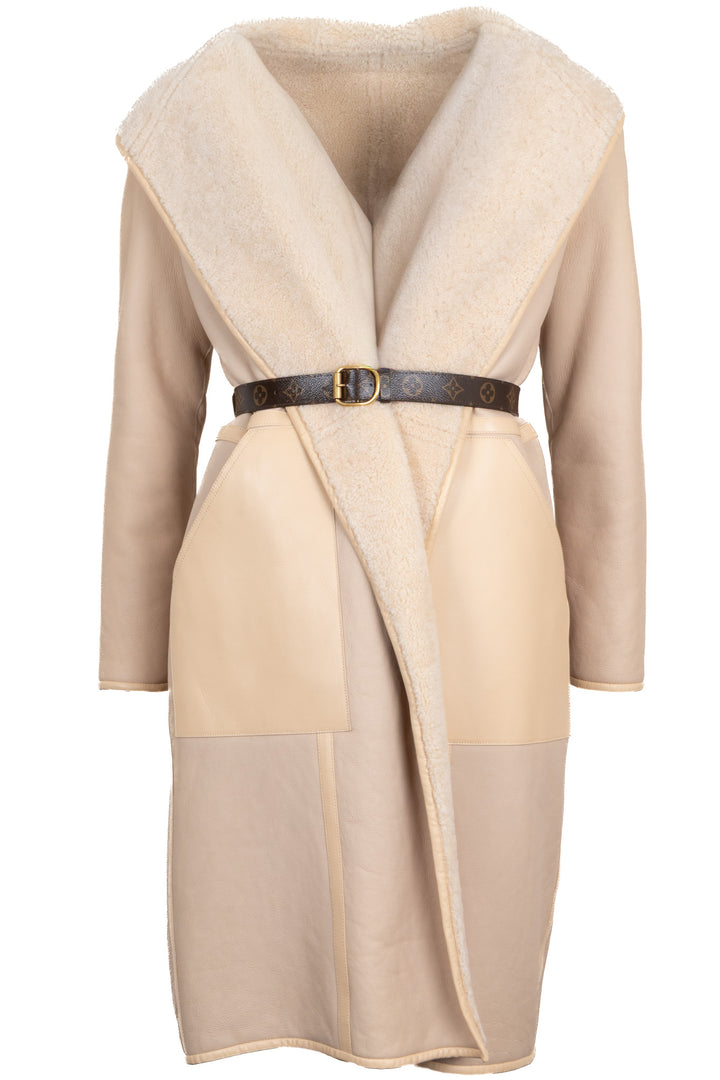 LOUIS VUITTON Belted Reversible Coat Shearling Beige