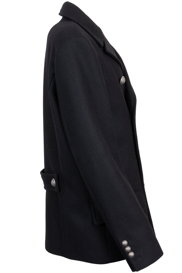 BALMAIN Double Breasted Peacoat Wool Black