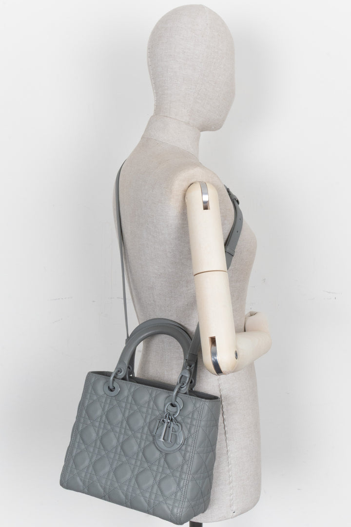 CHRISTIAN DIOR Lady Dior Medium Leather Matte Grey
