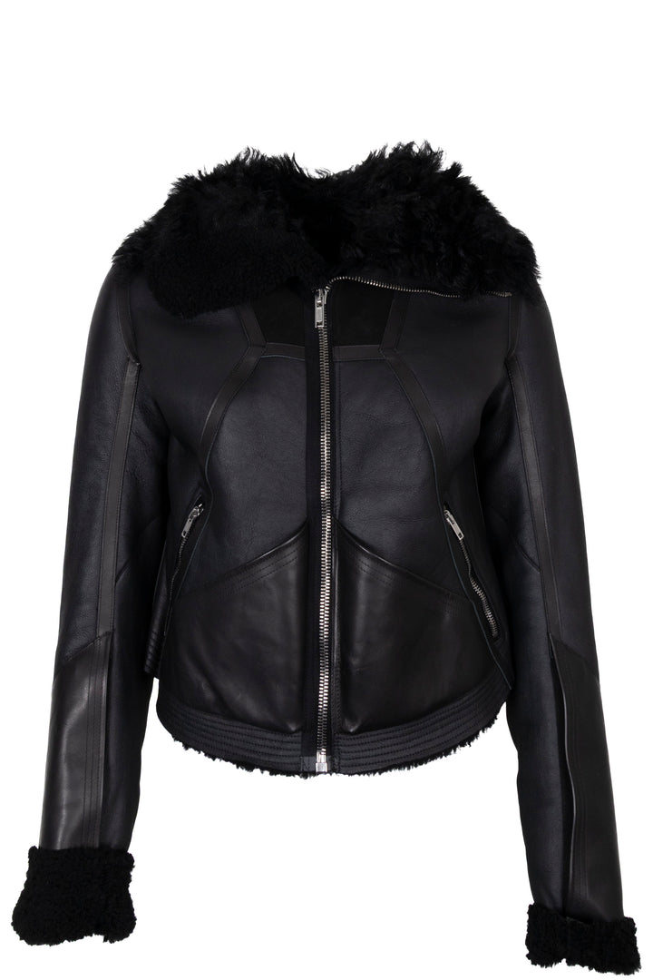 Veste en cuir noir à fermeture éclair et doublure en peau lainée RICK OWENS