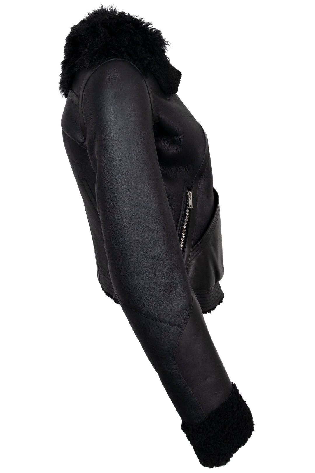 Veste en cuir noir à fermeture éclair et doublure en peau lainée RICK OWENS