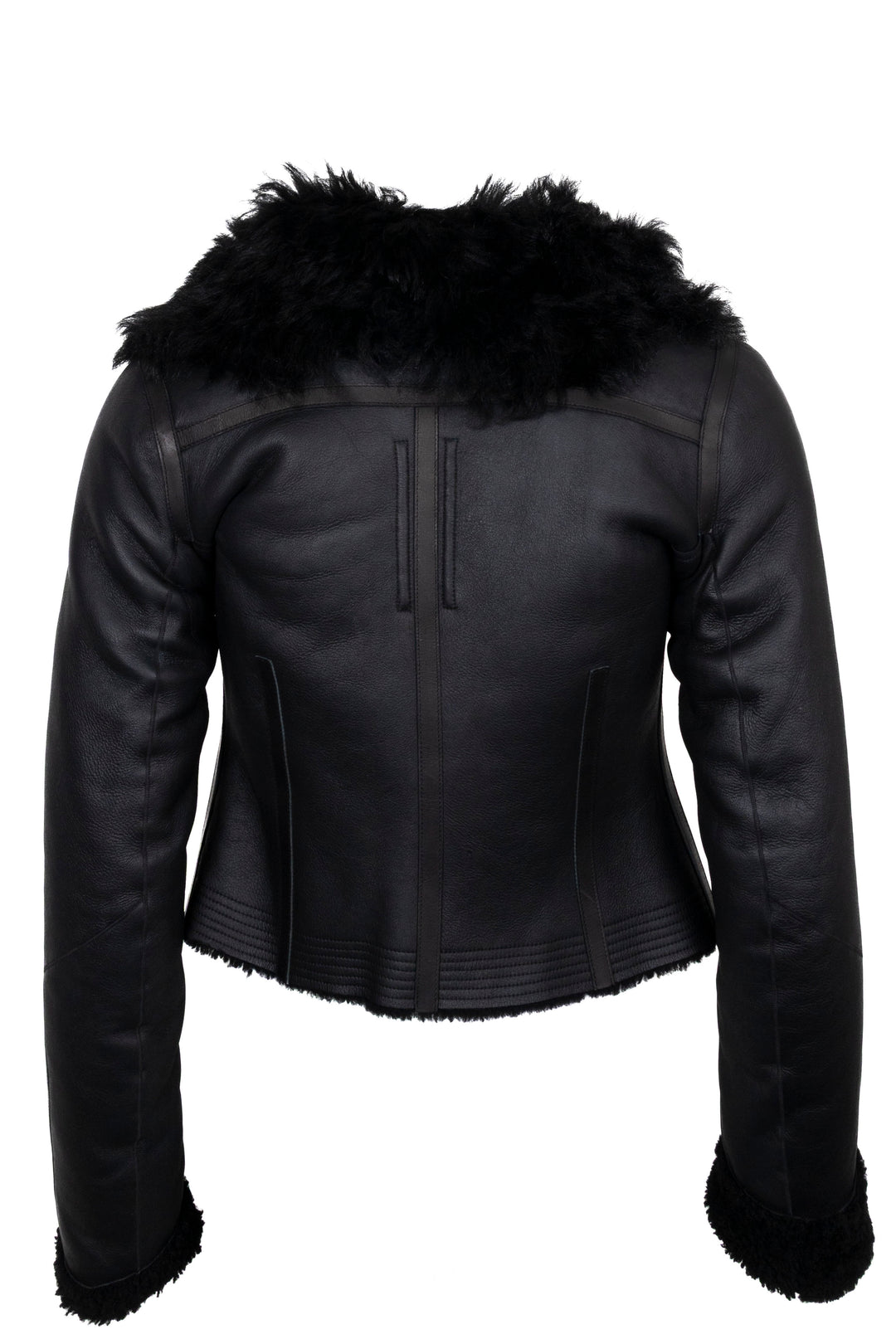 Veste en cuir noir à fermeture éclair et doublure en peau lainée RICK OWENS