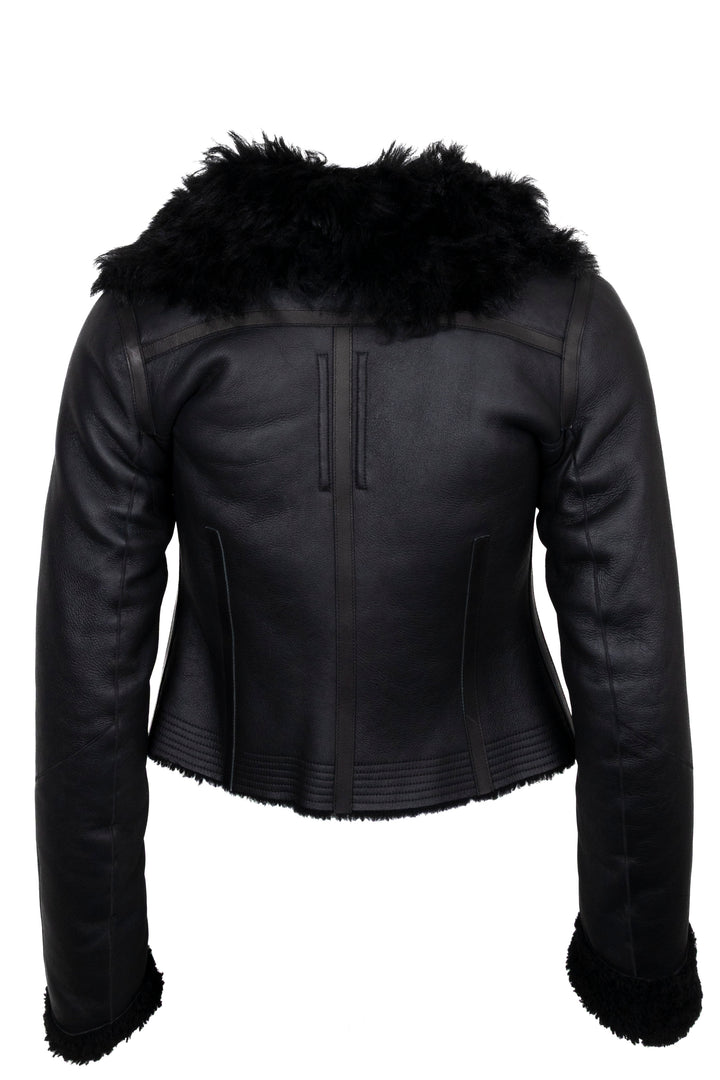 Veste en cuir noir à fermeture éclair et doublure en peau lainée RICK OWENS