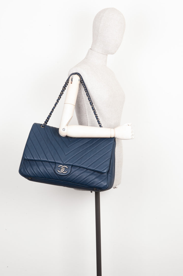 CHANEL XXL Single Flap Bag Chevron Calfskin Navy