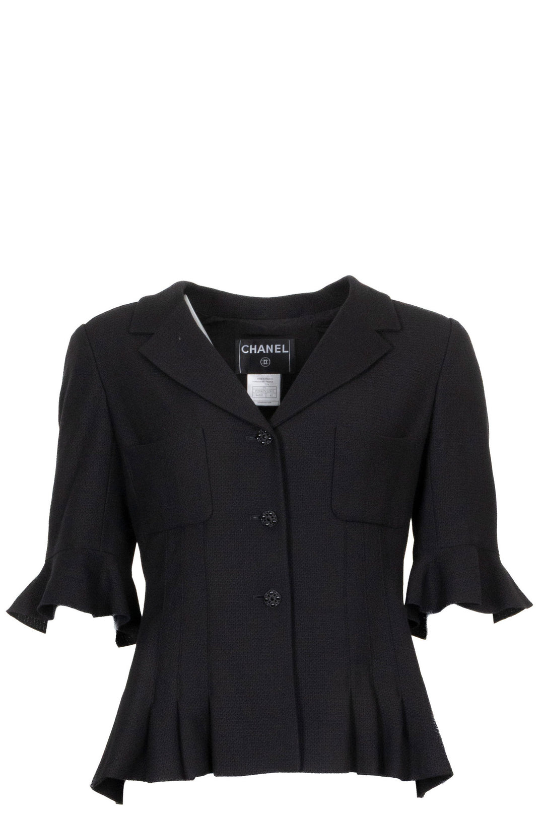 CHANEL Belted Short-Sleeve Blazer Black Tweed