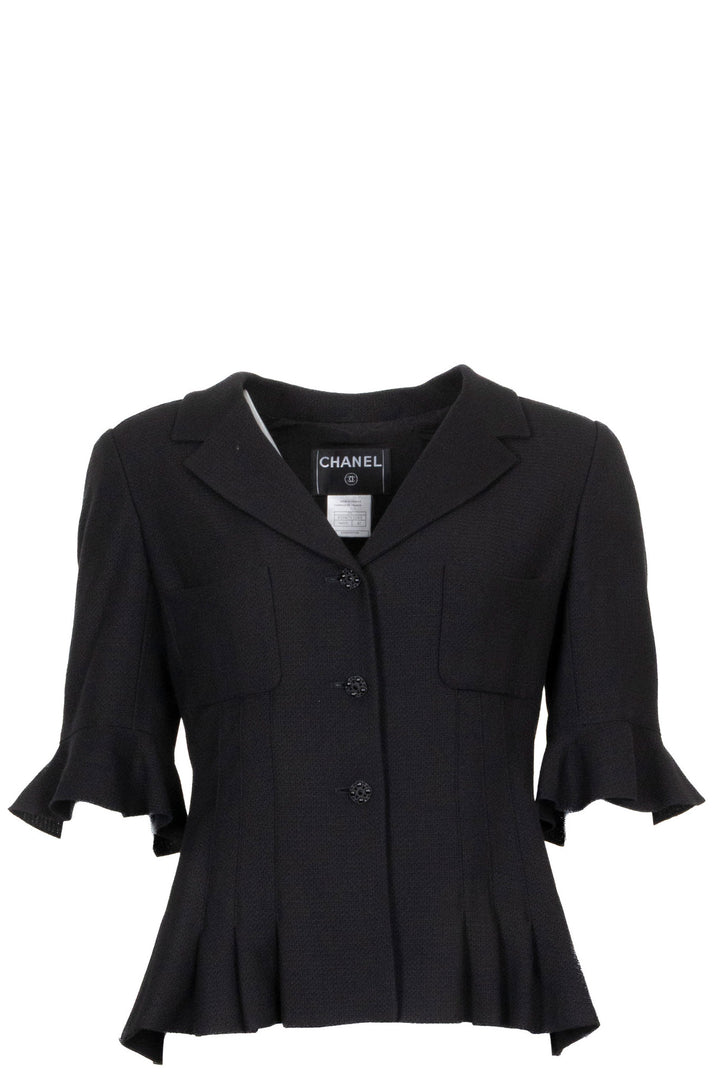 CHANEL Belted Short-Sleeve Blazer Black Tweed