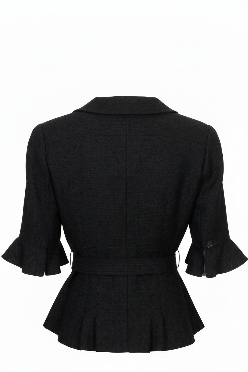 CHANEL Belted Short-Sleeve Blazer Black Tweed