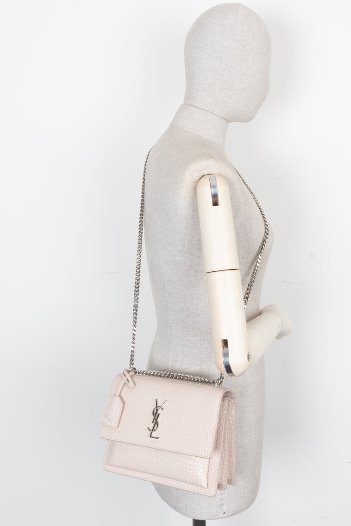 SAINT LAURENT Sunset Croc Embossed Crossbody Bag Blush Pink